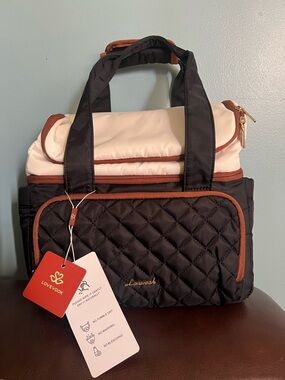 Quilted Black & Cream Insulated Lunch Bag with Brown Trim